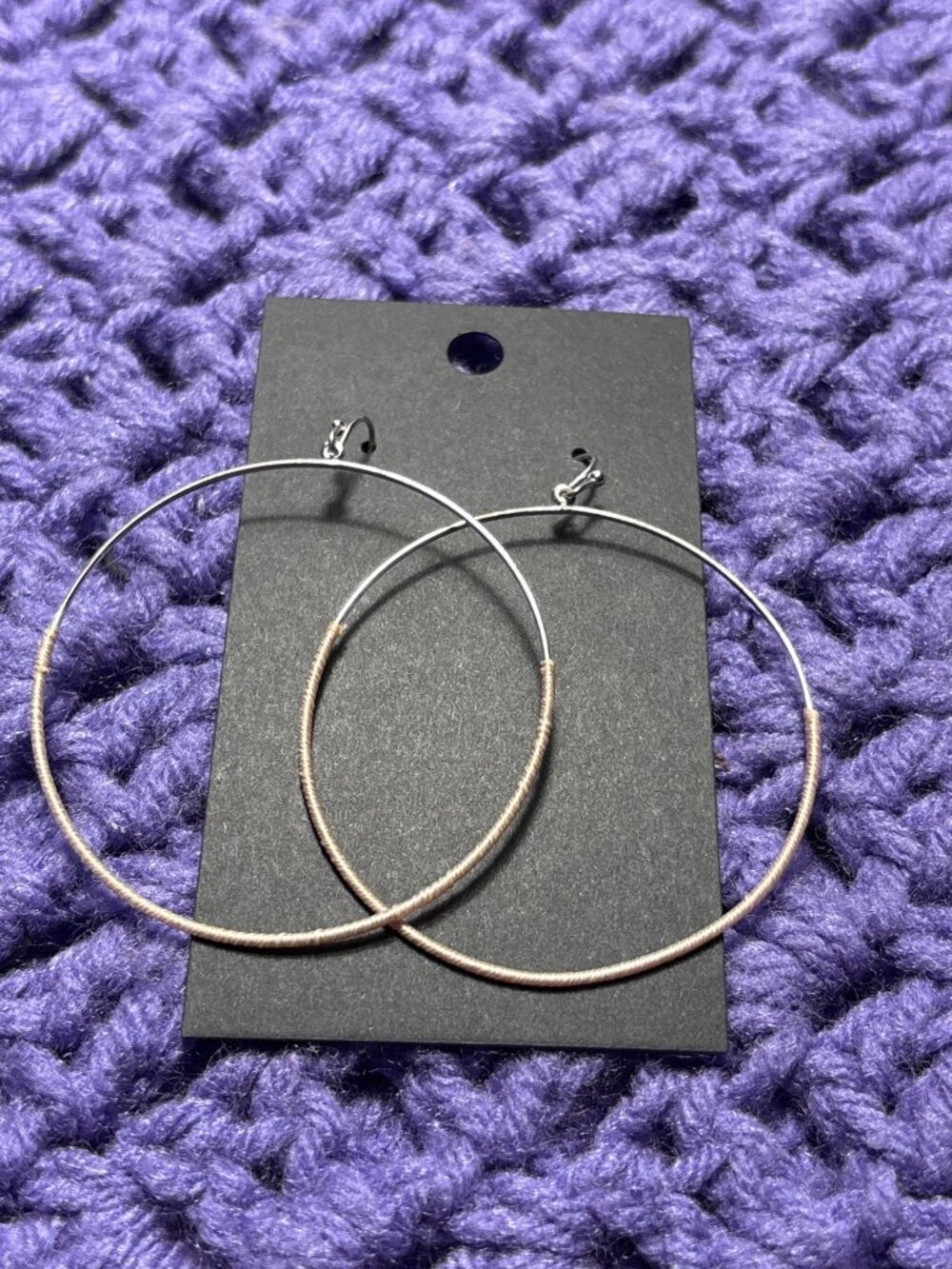 Silvertone Circle Hoop Dangle Earrings Beige Thread Wrapped 2 inches
